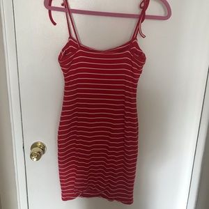 Bardot Dresses - Red Striped Ribbed Bardot Tie Strap Dress, Size M Bardot Dresses - Red Striped Ribbed Bardot Tie Strap Dress, Size M